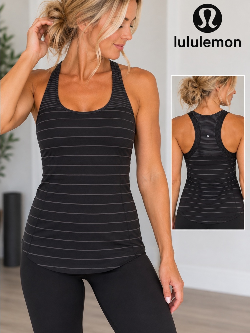Lululemon Black Gray Striped Racerback Tank Top Lace Size 6